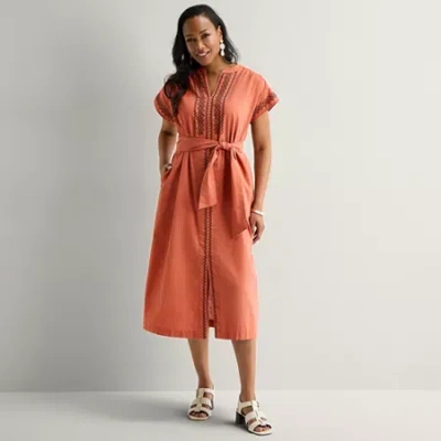 Liz Claiborne Womens Midi Short Sleeve A-line Dress In Brown