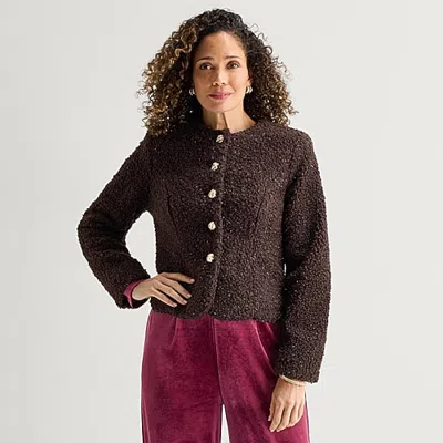 Liz Claiborne Womens Midweight Teddy Jacket In Brown