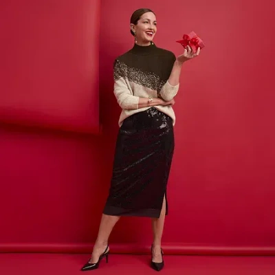 Liz Claiborne Womens Mock Neck Long Sleeve Pullover Sweater In Brown