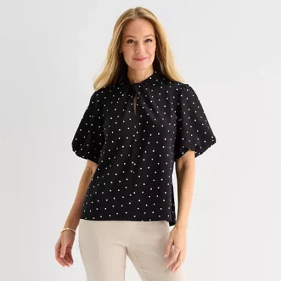 Liz Claiborne Womens Mock Neck Short Sleeve Blouse In Black