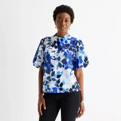 Liz Claiborne Womens Mock Neck Short Sleeve Blouse In Blue