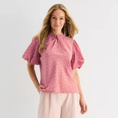 Liz Claiborne Womens Mock Neck Short Sleeve Blouse In Pink