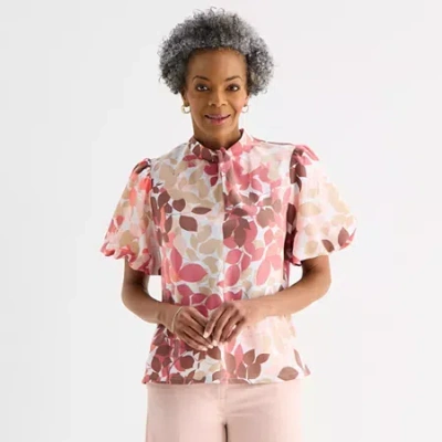 Liz Claiborne Womens Mock Neck Short Sleeve Blouse In Multi