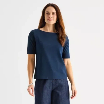 Liz Claiborne Womens Petite Boat Neck Elbow Sleeve Blouse In Blue