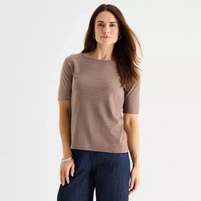 Liz Claiborne Womens Petite Boat Neck Short Sleeve Blouse In Multi