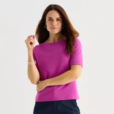 Liz Claiborne Womens Petite Boat Neck Short Sleeve Blouse In Pink