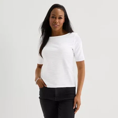 Liz Claiborne Womens Petite Boat Neck Short Sleeve Blouse In White