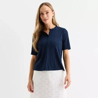 Liz Claiborne Womens Petite Crew Neck Elbow Sleeve T-shirt In Blue
