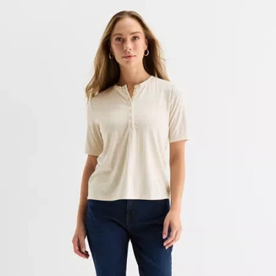 Liz Claiborne Womens Petite Crew Neck Elbow Sleeve T-shirt In Neutral