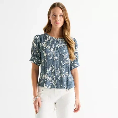 Liz Claiborne Womens Petite Crew Neck Short Sleeve Blouse In Blue