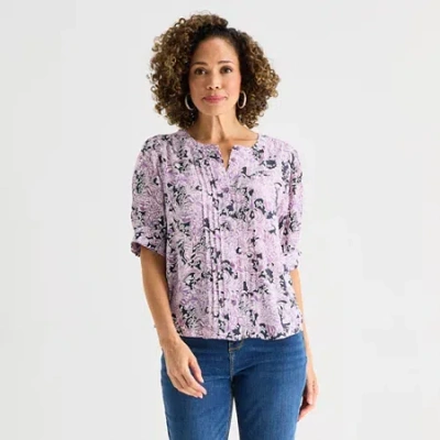 Liz Claiborne Womens Petite Crew Neck Short Sleeve Blouse In Purple
