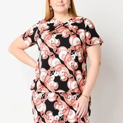 Liz Claiborne Womens Plus Asymmetrical Neck Short Sleeve Blouse In Pink