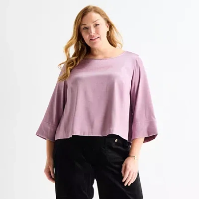 Liz Claiborne Womens Plus Boat Neck 3/4 Sleeve Satin Blouse In Purple