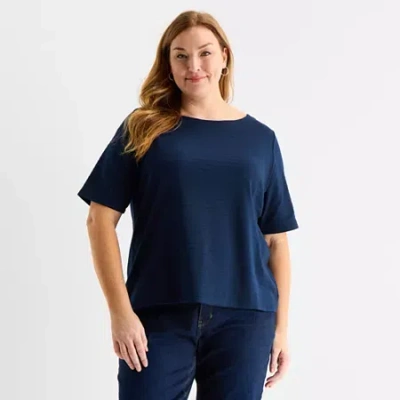 Liz Claiborne Womens Plus Boat Neck Elbow Sleeve Blouse In Blue