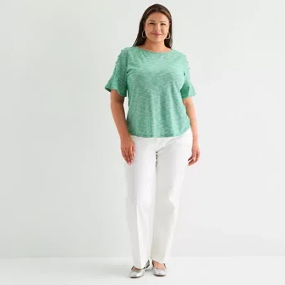 Liz Claiborne Womens Plus Boat Neck Elbow Sleeve Blouse In Green