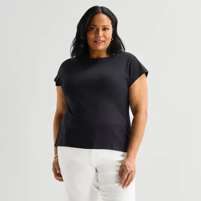 Liz Claiborne Womens Plus Boat Neck Short Sleeve Blouse In Black