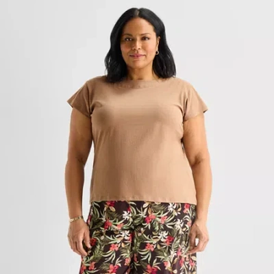 Liz Claiborne Womens Plus Boat Neck Short Sleeve Blouse In Brown