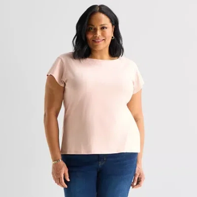 Liz Claiborne Womens Plus Boat Neck Short Sleeve Blouse In Pink