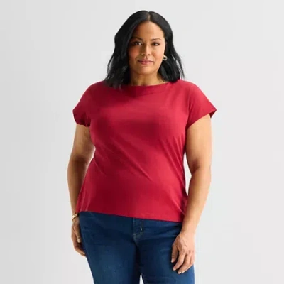 Liz Claiborne Womens Plus Boat Neck Short Sleeve Blouse In Red
