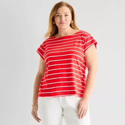 Liz Claiborne Womens Plus Boat Neck Short Sleeve Blouse In Red