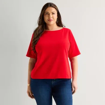 Liz Claiborne Womens Plus Boat Neck Short Sleeve T-shirt In Red