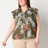 Liz Claiborne Womens Plus Cap Sleeveless Regular Fit Button-down Shirt In Green