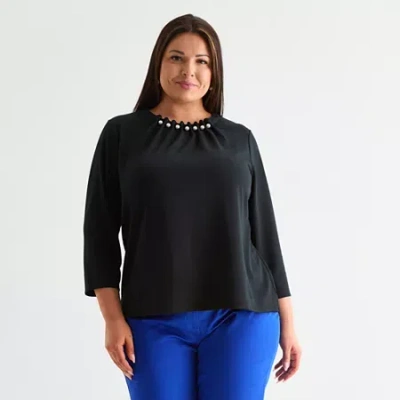 Liz Claiborne Womens Plus Crew Neck 3/4 Sleeve Blouse In Black