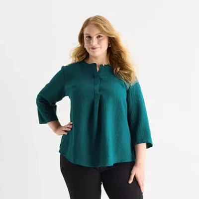 Liz Claiborne Womens Plus Crew Neck 3/4 Sleeve Blouse In Blue