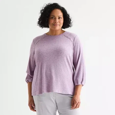 Liz Claiborne Womens Plus Crew Neck 3/4 Sleeve Blouse In Purple