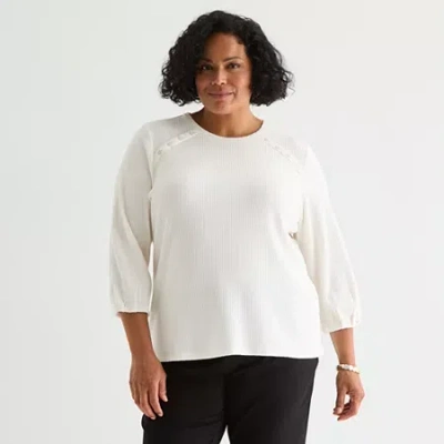 Liz Claiborne Womens Plus Crew Neck 3/4 Sleeve Blouse In White