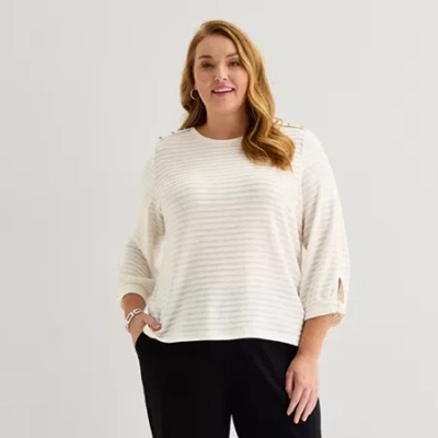 Liz Claiborne Womens Plus Crew Neck 3/4 Sleeve Blouse In White