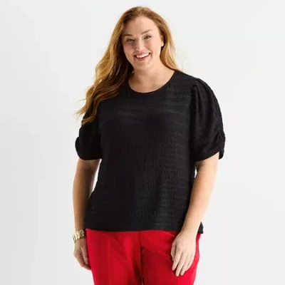 Liz Claiborne Womens Plus Crew Neck Elbow Sleeve Blouse In Black