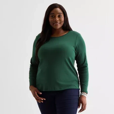 Liz Claiborne Womens Plus Crew Neck Long Sleeve T-shirt In Green