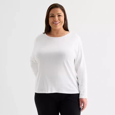 Liz Claiborne Womens Plus Crew Neck Long Sleeve T-shirt In White