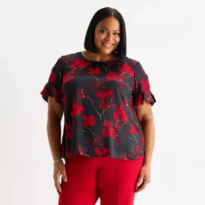 Liz Claiborne Womens Plus Crew Neck Short Sleeve Blouse In Black