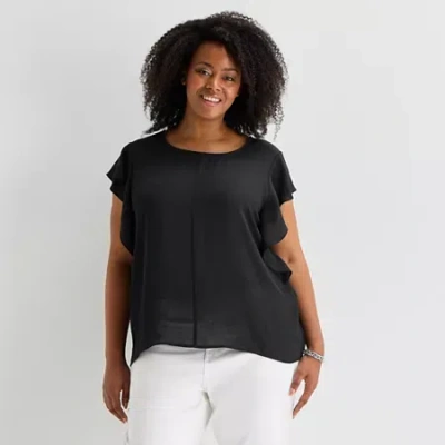 Liz Claiborne Womens Plus Crew Neck Short Sleeve Blouse In Black