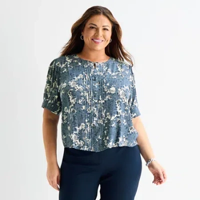 Liz Claiborne Womens Plus Crew Neck Short Sleeve Blouse In Blue