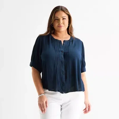 Liz Claiborne Womens Plus Crew Neck Short Sleeve Blouse In Blue