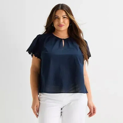 Liz Claiborne Womens Plus Crew Neck Short Sleeve Blouse In Blue