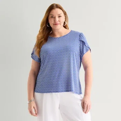 Liz Claiborne Womens Plus Crew Neck Short Sleeve Blouse In Blue
