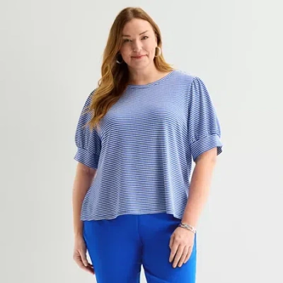 Liz Claiborne Womens Plus Crew Neck Short Sleeve Blouse In Blue