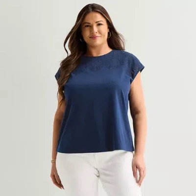 Liz Claiborne Womens Plus Crew Neck Short Sleeve Blouse In Blue