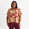 Liz Claiborne Womens Plus Crew Neck Short Sleeve Blouse In Brown