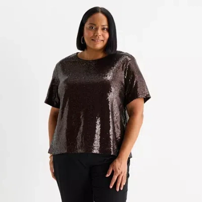 Liz Claiborne Womens Plus Crew Neck Short Sleeve Blouse In Brown
