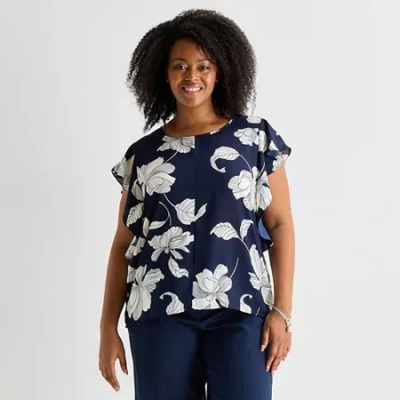 Liz Claiborne Womens Plus Crew Neck Short Sleeve Blouse In Multi