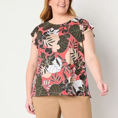 Liz Claiborne Womens Plus Crew Neck Short Sleeve Blouse In Pink