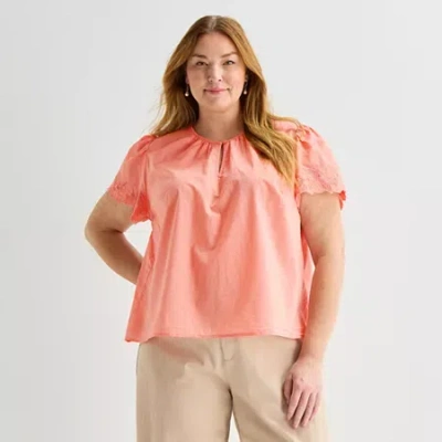 Liz Claiborne Womens Plus Crew Neck Short Sleeve Blouse In Pink