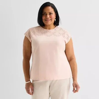 Liz Claiborne Womens Plus Crew Neck Short Sleeve Blouse In Pink