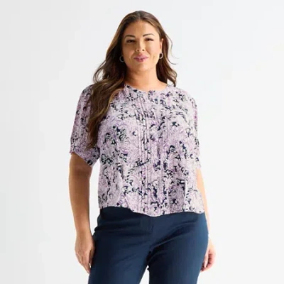 Liz Claiborne Womens Plus Crew Neck Short Sleeve Blouse In Purple