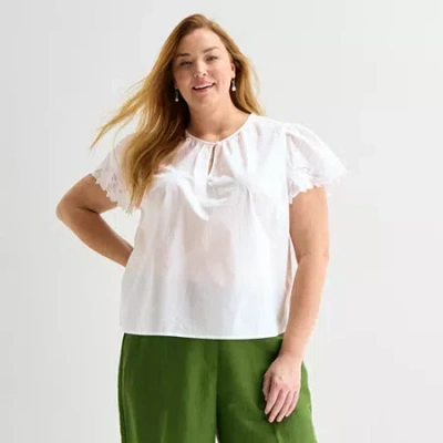 Liz Claiborne Womens Plus Crew Neck Short Sleeve Blouse In White
